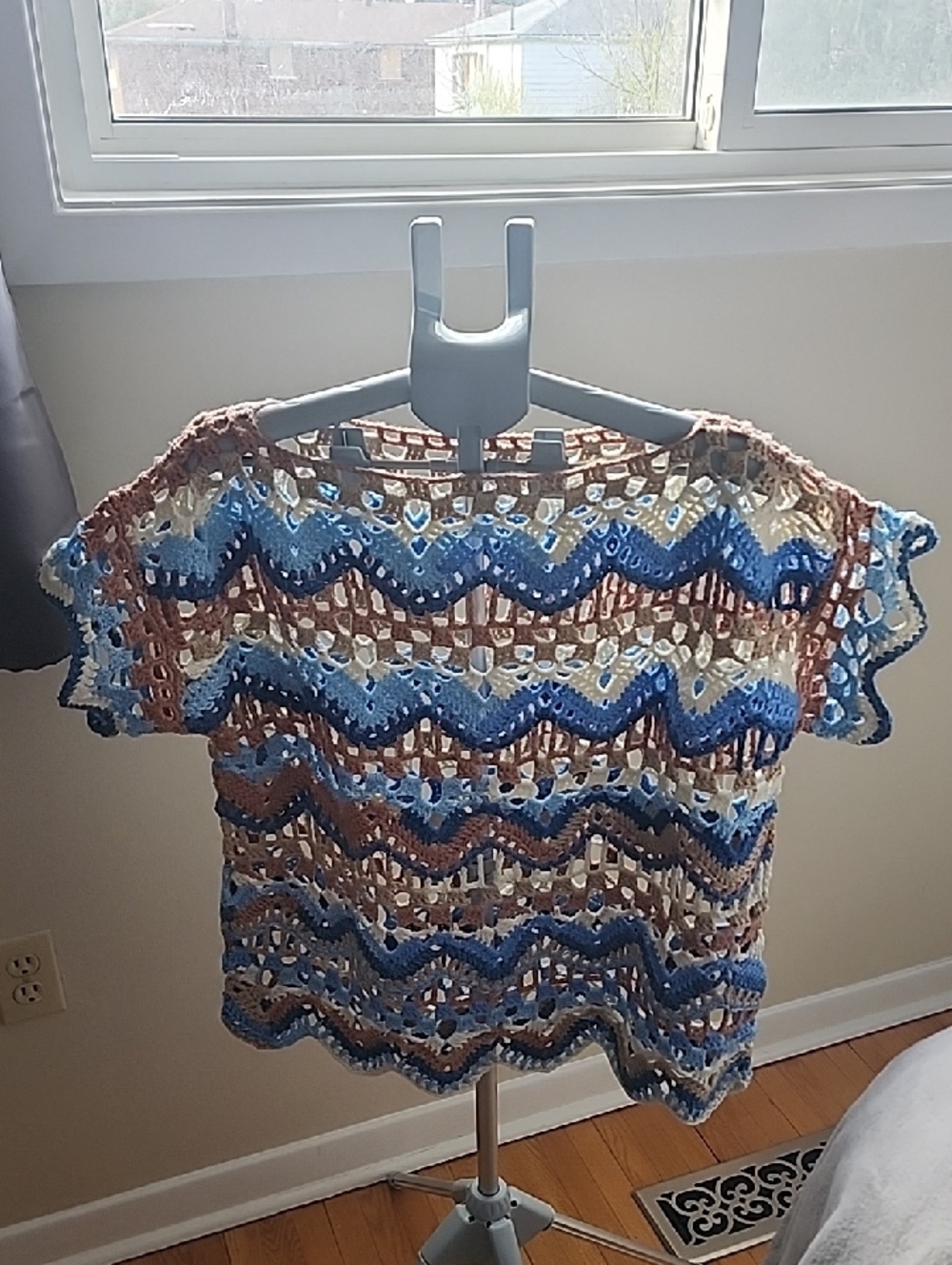 HAND MADE NEW Crochet Top in Blue, Cream & Tan, Boat Neck With Cap Sleeves
